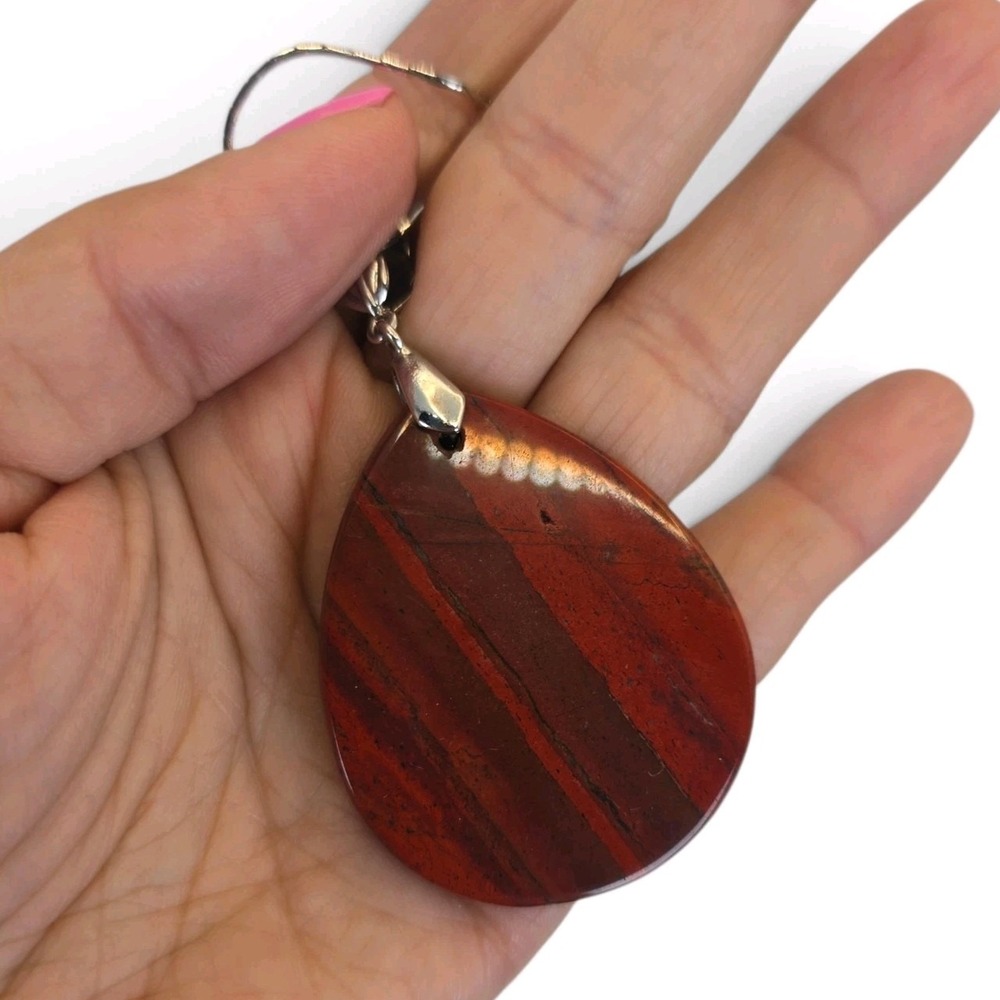 Large Red Banded Teardrop Pendant Necklace Silver Tone 20" Boho Statement - Picture 10 of 12